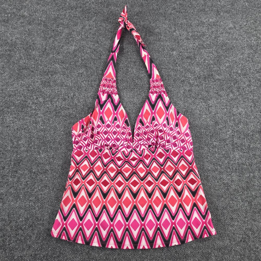Fashion Bug Women's Tankini Top Size 6 Pink Black Geometric Halter Padded Swim